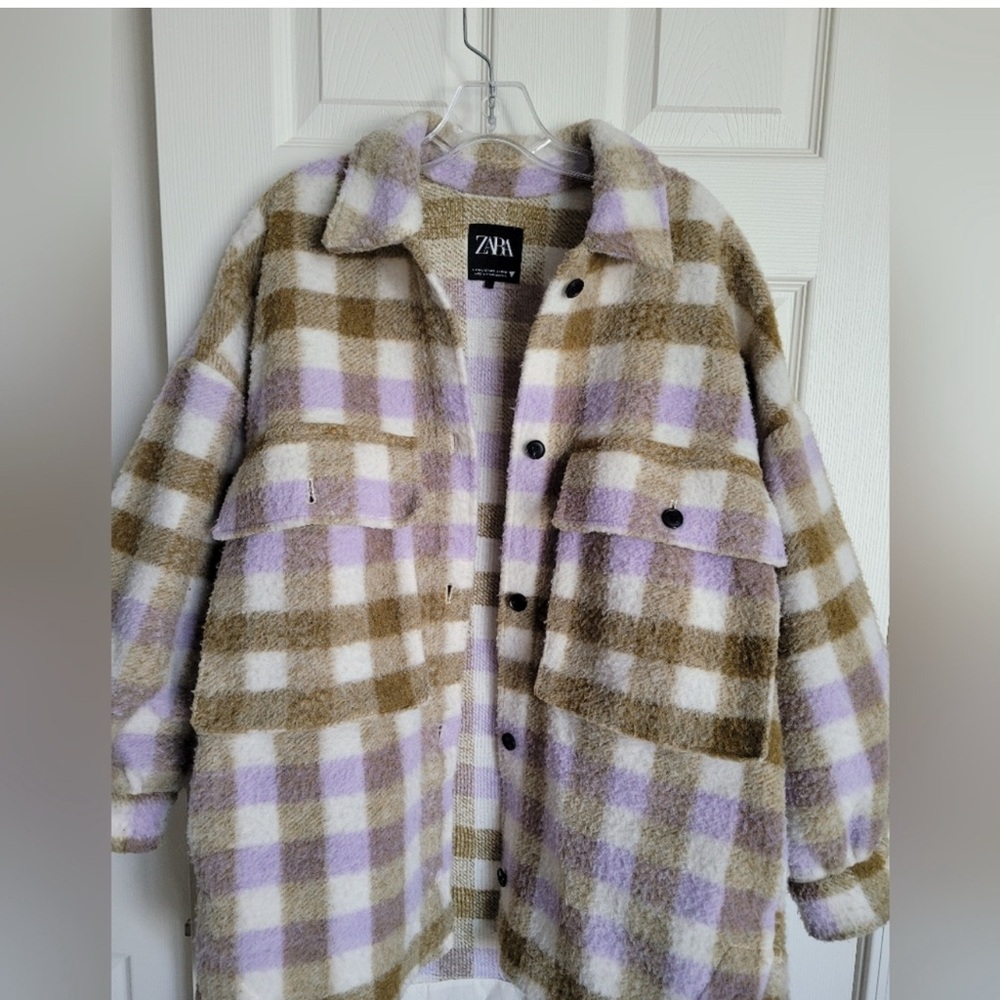 Zara Women's Checkered Teddy Jacket - Lavender and Khaki